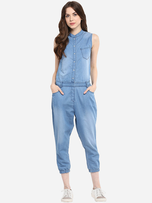 Women's Denim Mandarin Collar Jumpsuit