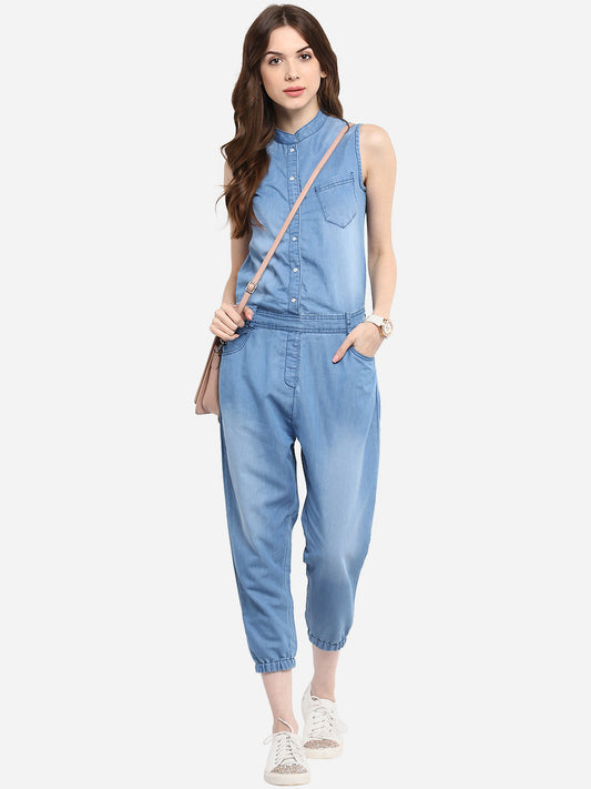 Women's Denim Mandarin Collar Jumpsuit