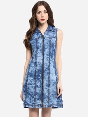 Women's Cloud Wash Blue Zip Dress with Seam