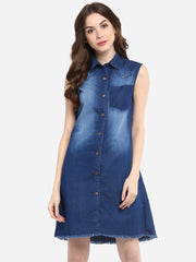 Women's Blue Dress with Pocket Impression Wash