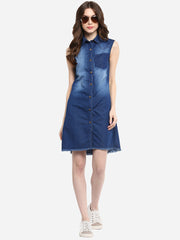 Women's Blue Dress with Pocket Impression Wash