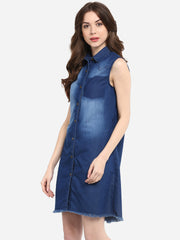 Women's Blue Dress with Pocket Impression Wash