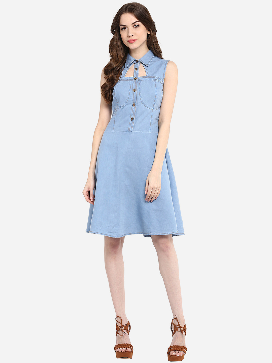 Women's Light Blue Denim Dress with Neck cutout