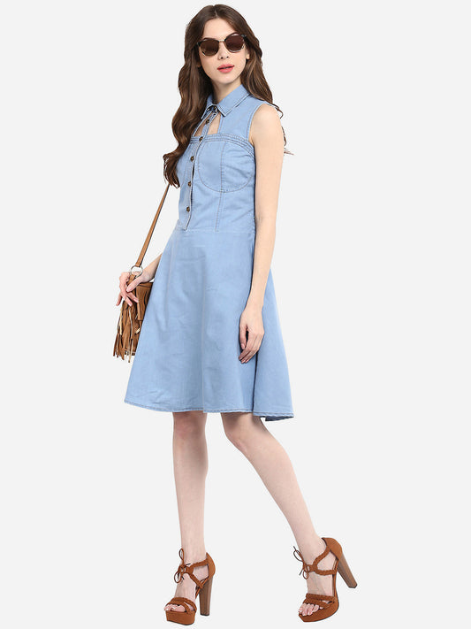 Women's Light Blue Denim Dress with Neck cutout