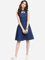 Women's Dark Blue Denim Dress with Neck cutout