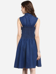 Women's Dark Blue Denim Dress with Neck cutout