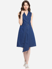 Women's Blue Denim Wrap Dress with Flap