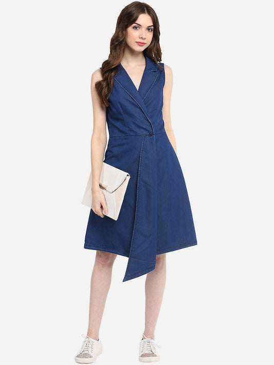 Women's Blue Denim Wrap Dress with Flap