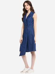 Women's Blue Denim Wrap Dress with Flap