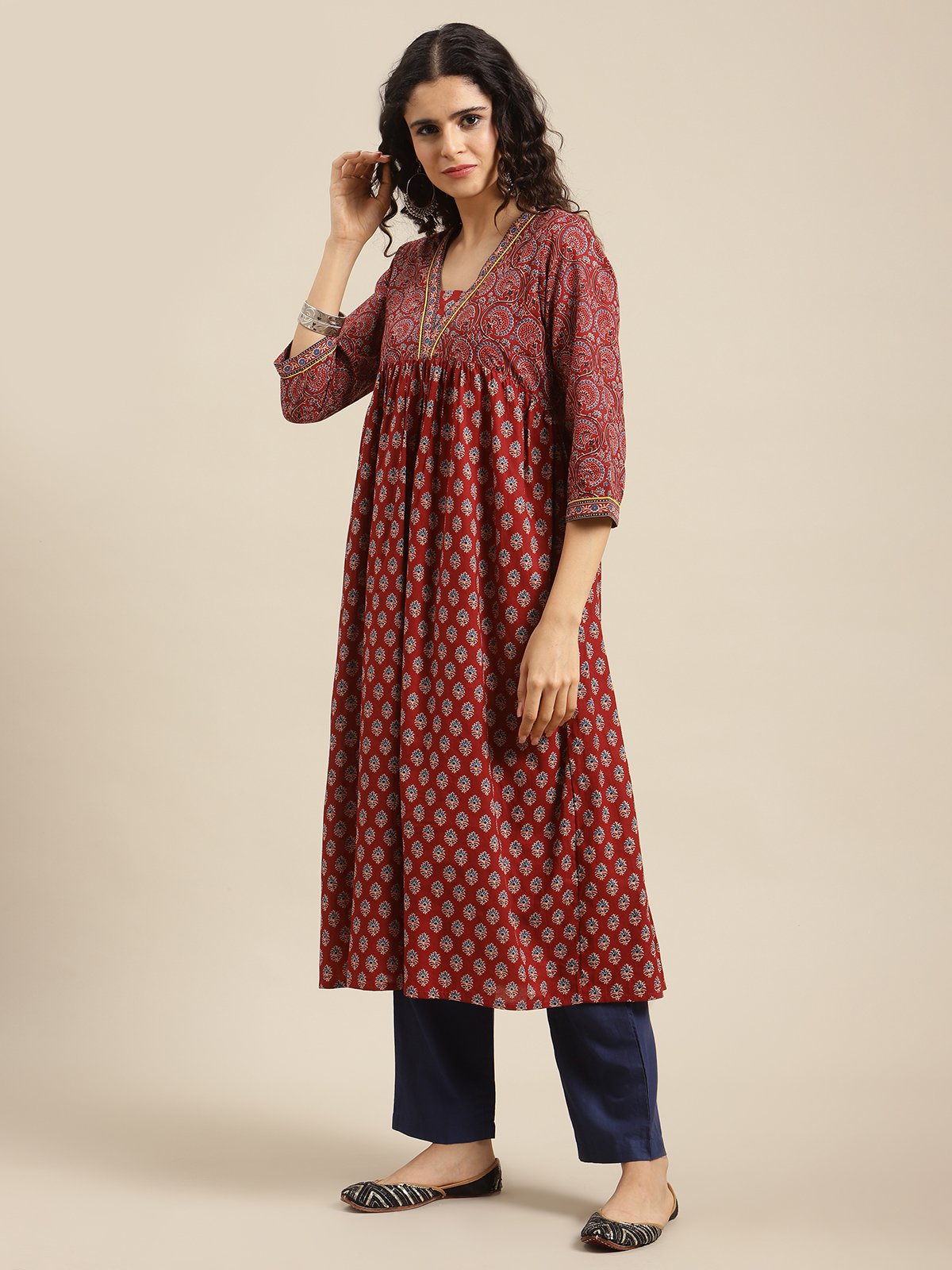 Women Maroon And Blue Bandez Printed Anarkali Kurta