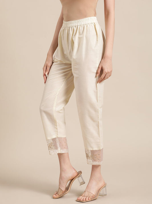 Varanga - Women Off White Silk & Organza Zari Embellished Trousers - 3XL