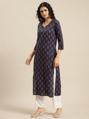 Women Navy Blue Ethnic Motifs Straight Kurta.