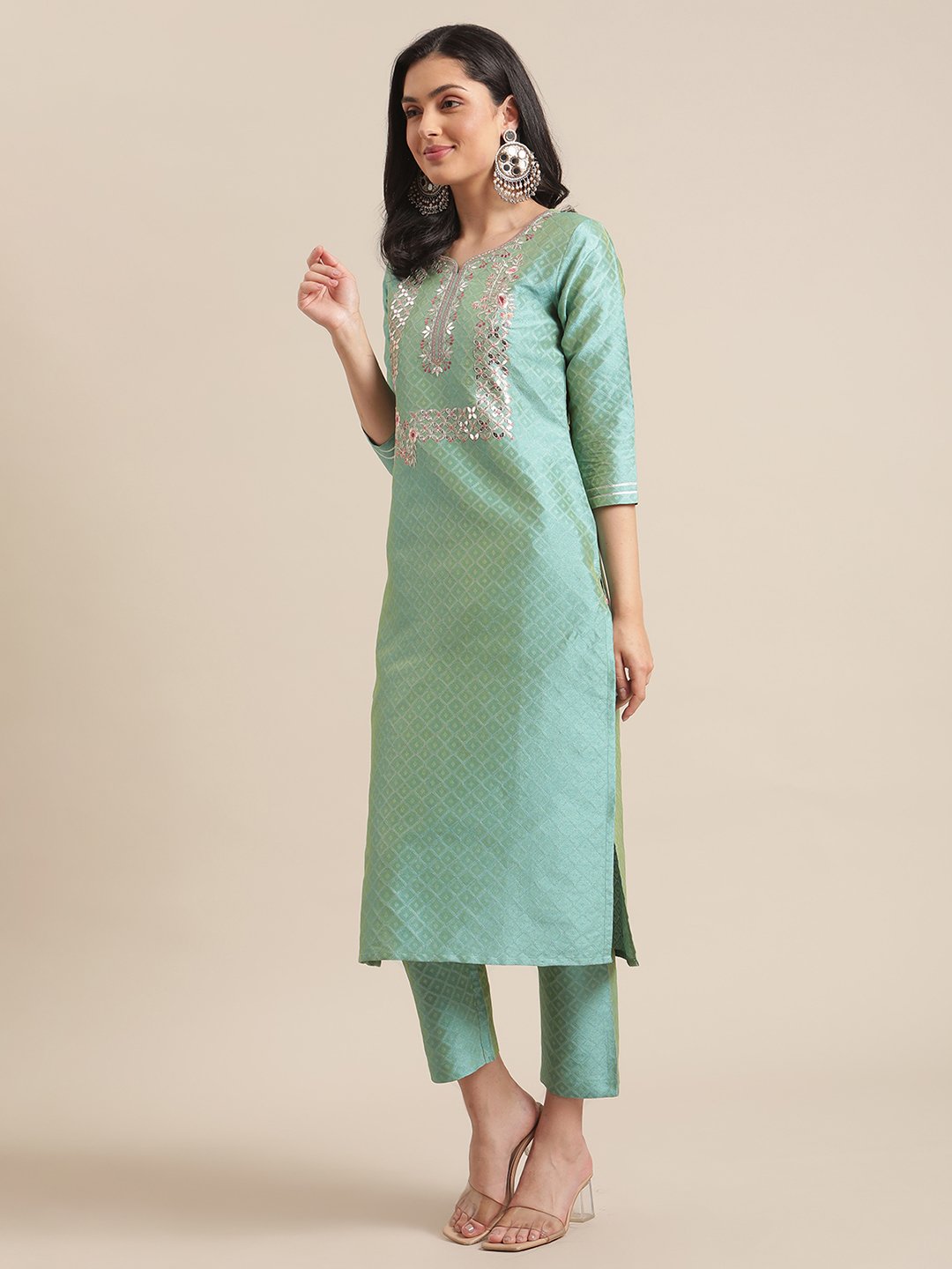 Sea Green Floral Embroidery Kurta Set With Bhaglpuri Silk Dupatta