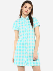 Women's Ice Blue and White Check Shirt Dress cum Tunic