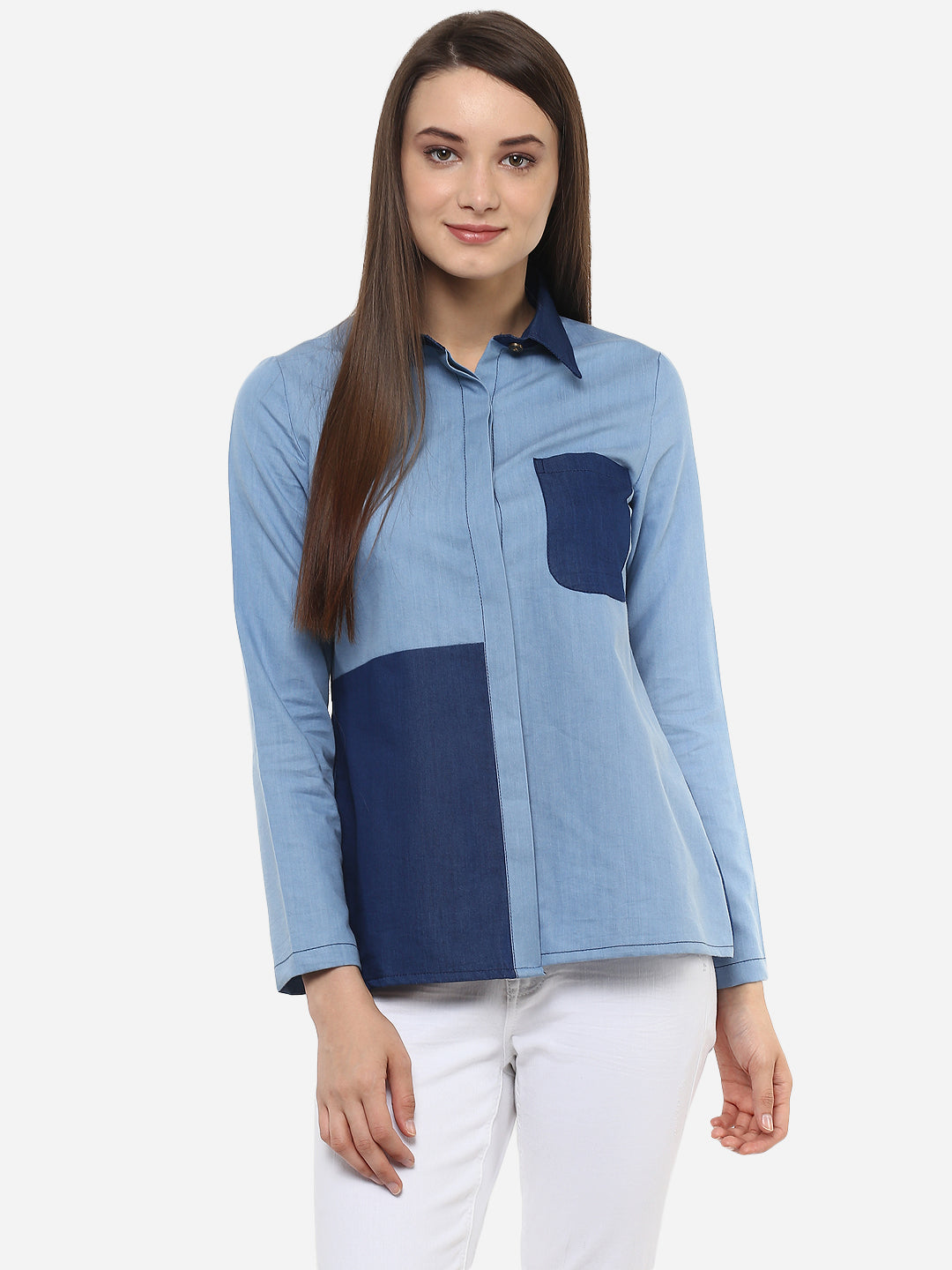 Women's Denim Light and Dark Blue Patch Shirt