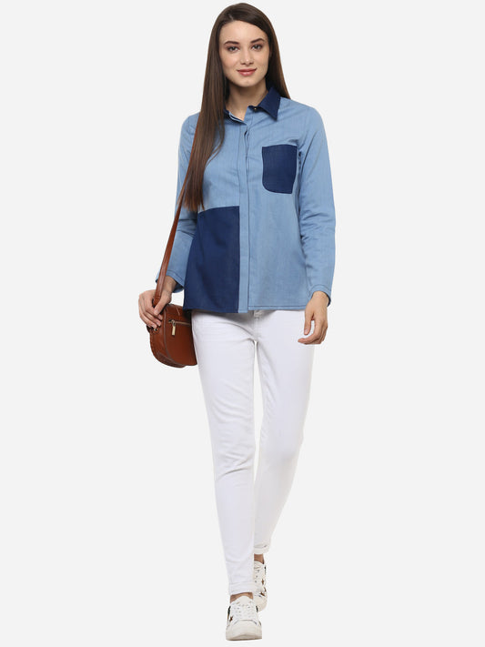 Women's Denim Light and Dark Blue Patch Shirt