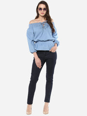 Women's Denim Off Shoulder Lace Up Top