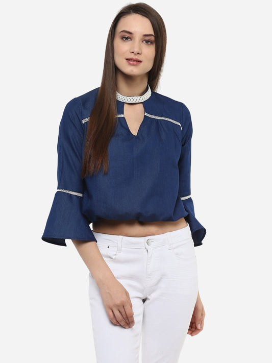 Women's Denim peasant top with Lace detailing