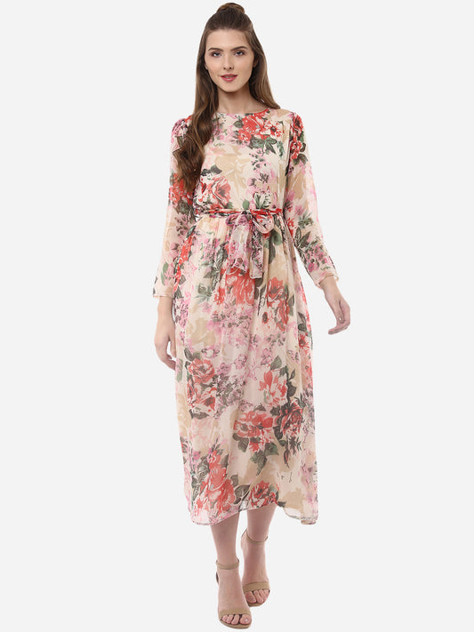 Women's Floral Chiffon Dress with Belt