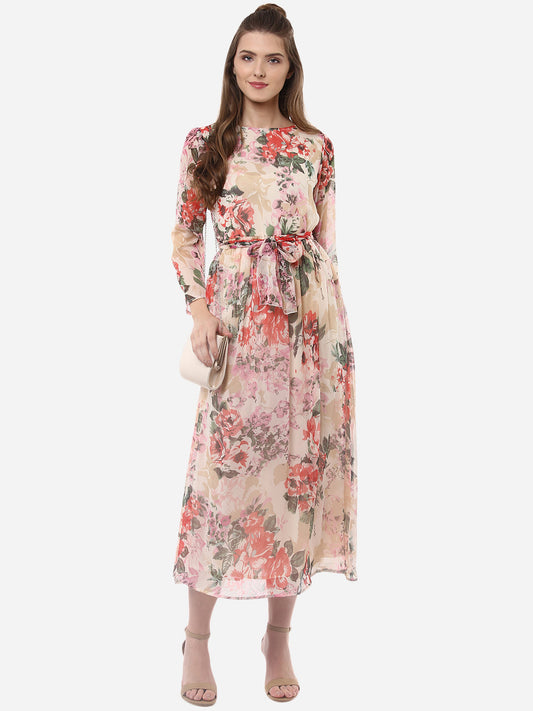 Women's Floral Chiffon Dress with Belt