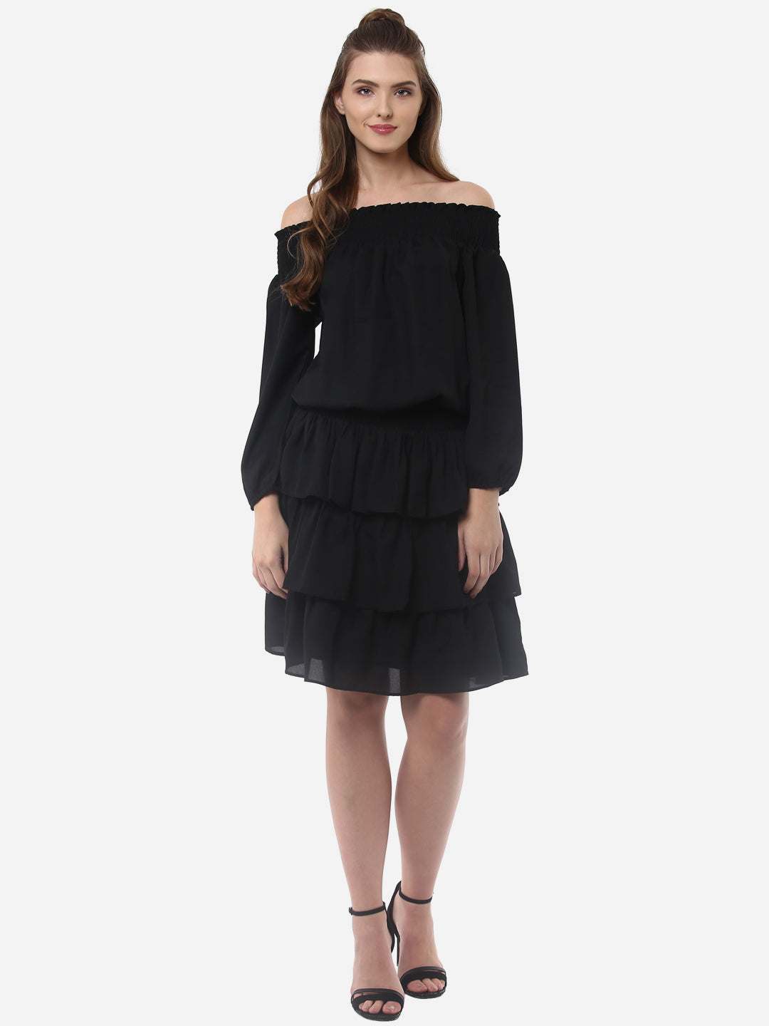 Women's Black Polyester Dress with Multiple Tiers