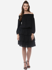 Women's Black Polyester Dress with Multiple Tiers