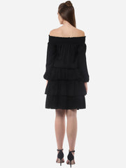 Women's Black Polyester Dress with Multiple Tiers