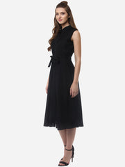 Women's Black Polyester Midi Dress