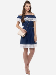 Women's OffShoulder Denim Dress with Lace Inserts