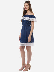 Women's OffShoulder Denim Dress with Lace Inserts