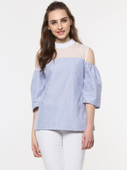 Women's Blue and White Stripe top with Lace detailing