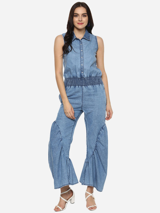 Women's Denim Ruffle Pants Jumpsuit