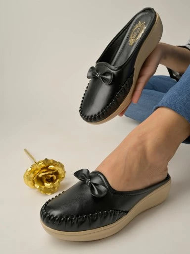 Upper Bow Detailed Black Slip-On Loafers For Women & Girls