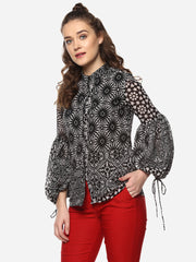 Women's Black Circular Printed Top with Sleeve Tie Up