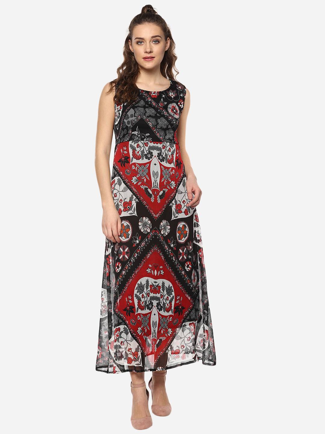 Women's Black and Red Printed Maxi Dress