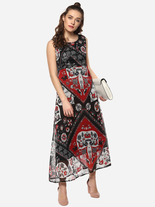 Women's Black and Red Printed Maxi Dress