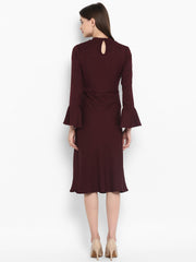 Women's Maroon Front Ruffle Bell Sleeve Dress