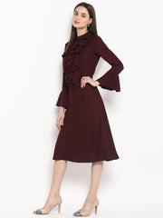 Women's Maroon Front Ruffle Bell Sleeve Dress