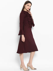 Women's Maroon Front Ruffle Bell Sleeve Dress