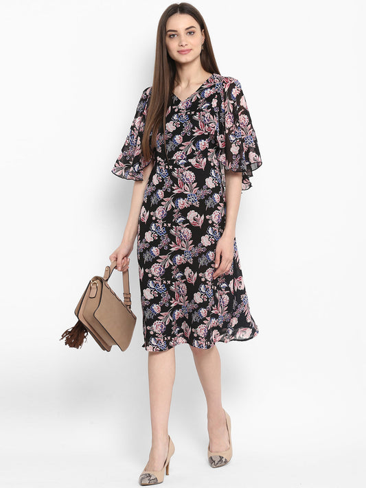 Women's Black Floral Dress with attached Shrug