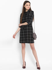 Women's Black and White Check Shirt Dress with Belt