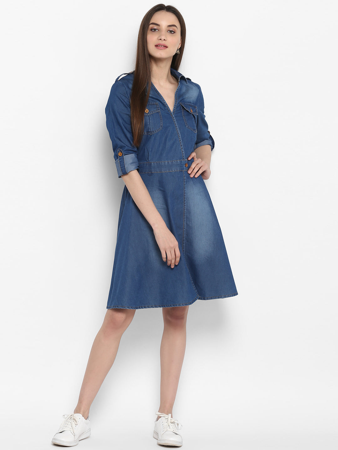 Women's Denim Knee Length Dress with Buttons