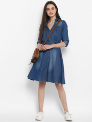 Women's Denim Knee Length Dress with Buttons