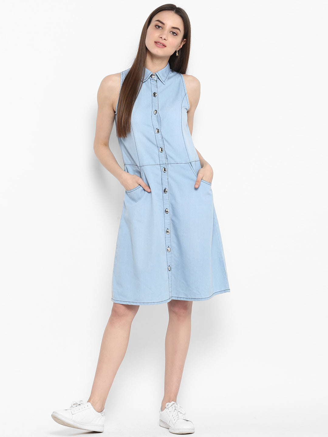 Women's Denim Sleeveless Dress with Silver Buttons