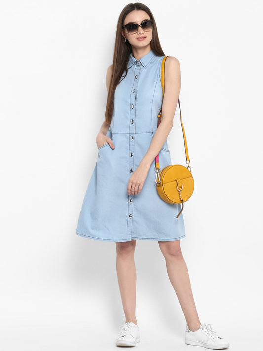 Women's Denim Sleeveless Dress with Silver Buttons