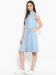 Women's Denim Sleeveless Dress with Silver Buttons