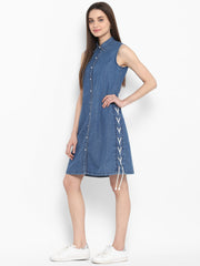 Women's Denim Dress with White Draw String Insert