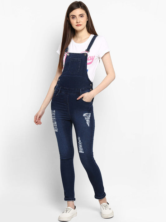 Women's Stretchable Denim Washed effect Capri Style Dungarees(inner not provided)