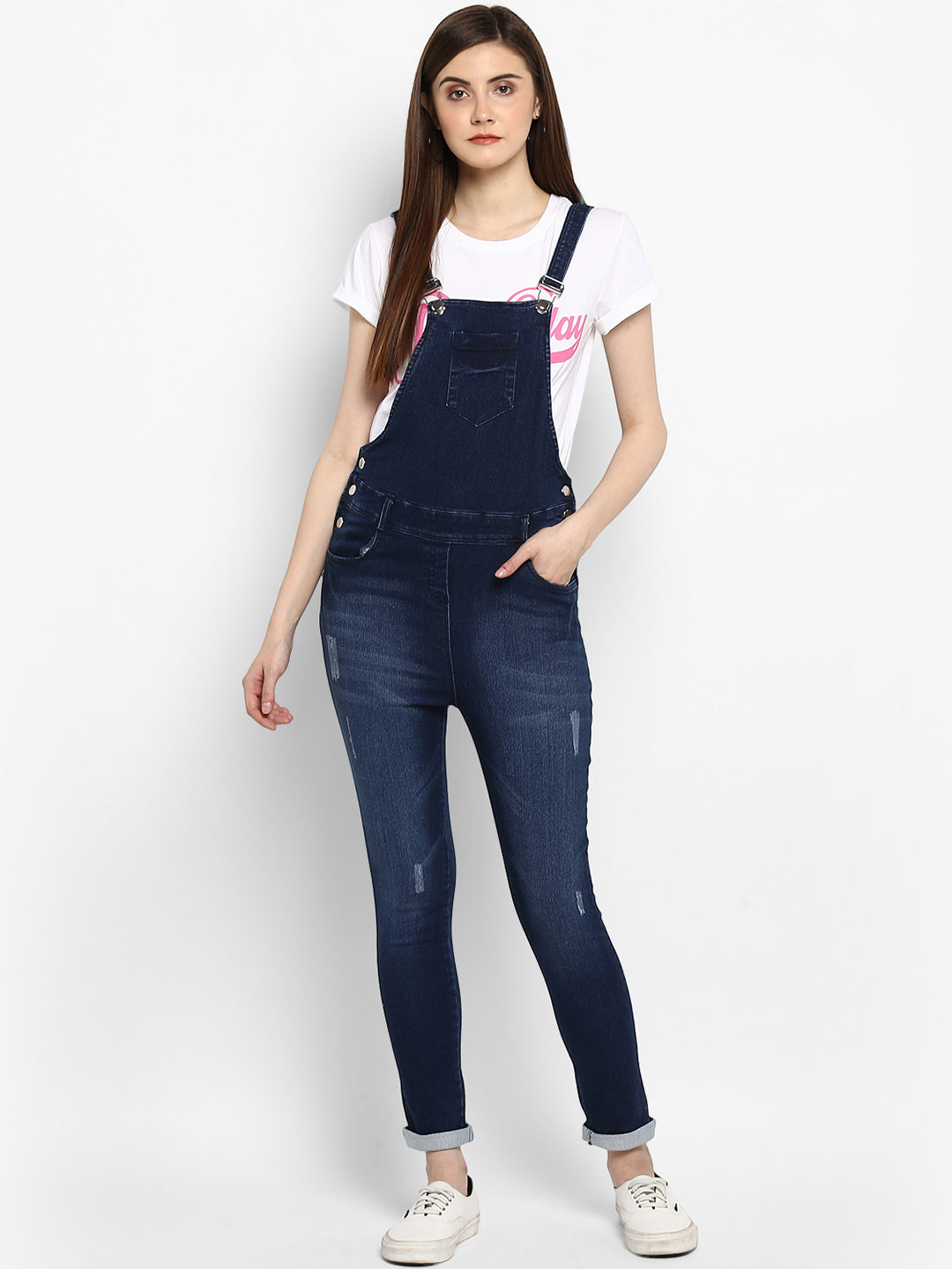 Women's Stretchable Denim Washed effect Capri Style Dungarees(inner not provided)