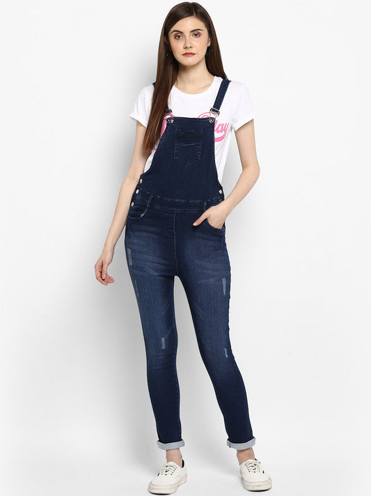 Women's Stretchable Denim Washed effect Capri Style Dungarees(inner not provided)